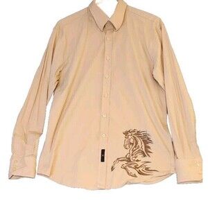 BC Collection Mens XL Shirt Tan Y2K Embroidered Horse Western‎ Long Sleeves EUC